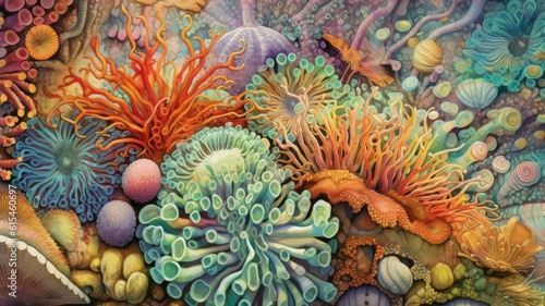 Marvel at the intricate patterns of symmetrical coral reefs, adorned with a kaleidoscope of vibrant hues. Generative AI © Kanisorn