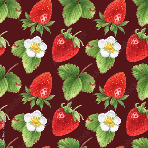 Watercolor seamless pattern with strawberries. Berries, leaves and strawberry flowers