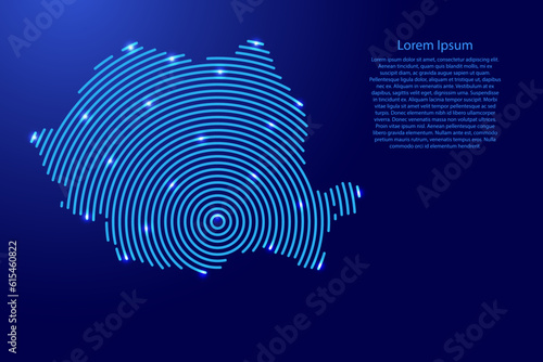 Romania, map from futuristic concentric blue circles and glowing stars for banner, poster, greeting card