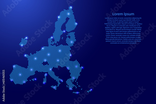 European Union, map from futuristic concentric blue circles and glowing stars for banner, poster, greeting card