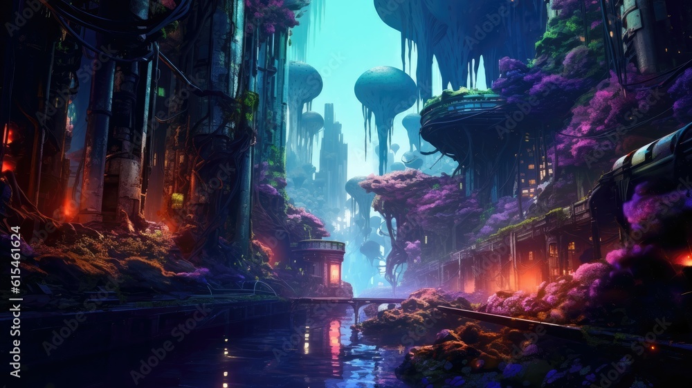 Subterranean tunnels wind beneath the earth, housing a subterranean city illuminated by bioluminescent flora, casting an otherworldly glow. Generative AI