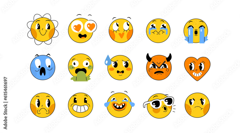 Fototapeta premium Retro comic illustrations. Collections of funny cartoon characters with smile faces and various emotions. Trendy design. Vector illustration set