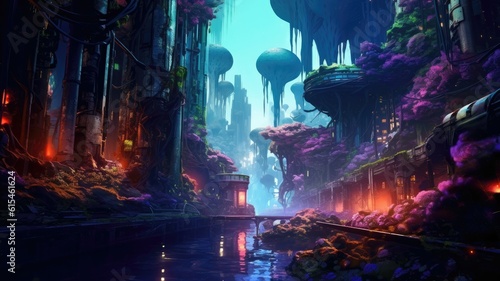 Subterranean tunnels wind beneath the earth, housing a subterranean city illuminated by bioluminescent flora, casting an otherworldly glow. Generative AI © Kanisorn
