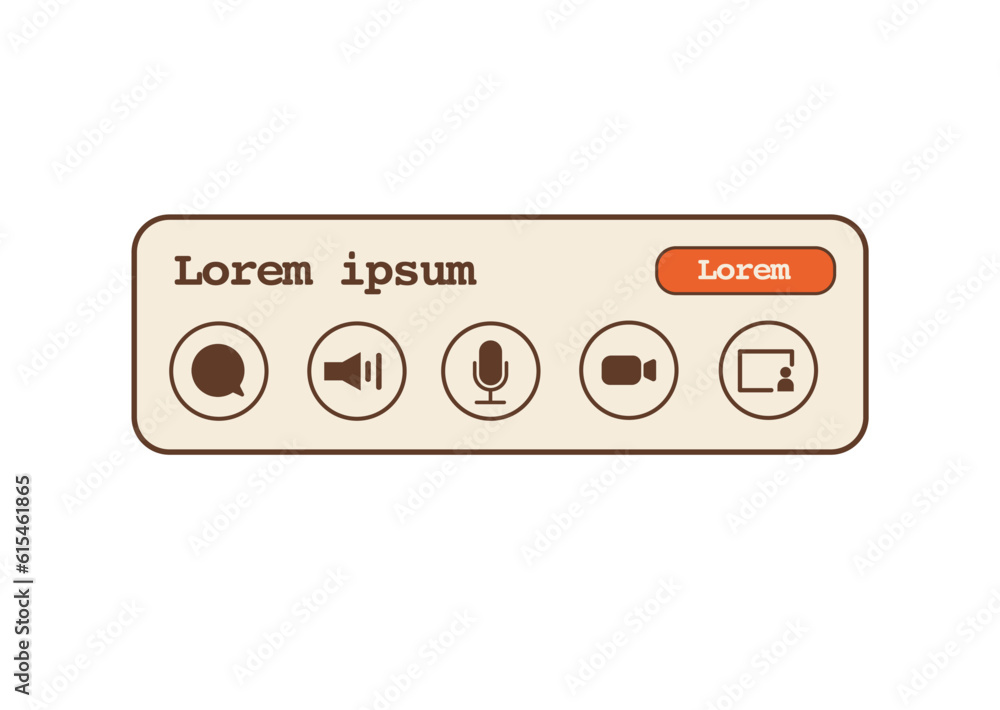 Video or audio call widget with outline icons. Aesthetic vintage style icons. Send message, speaker, microphone, video conference and end call button. Retro computer interface. Vector illustration.