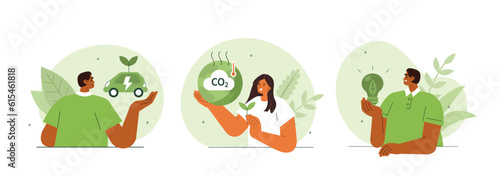 Sustainability concept illustration. Collections of men and women characters reducing CO2 emission by using green energy and electric car. Vector illustrations set. © Irina Strelnikova