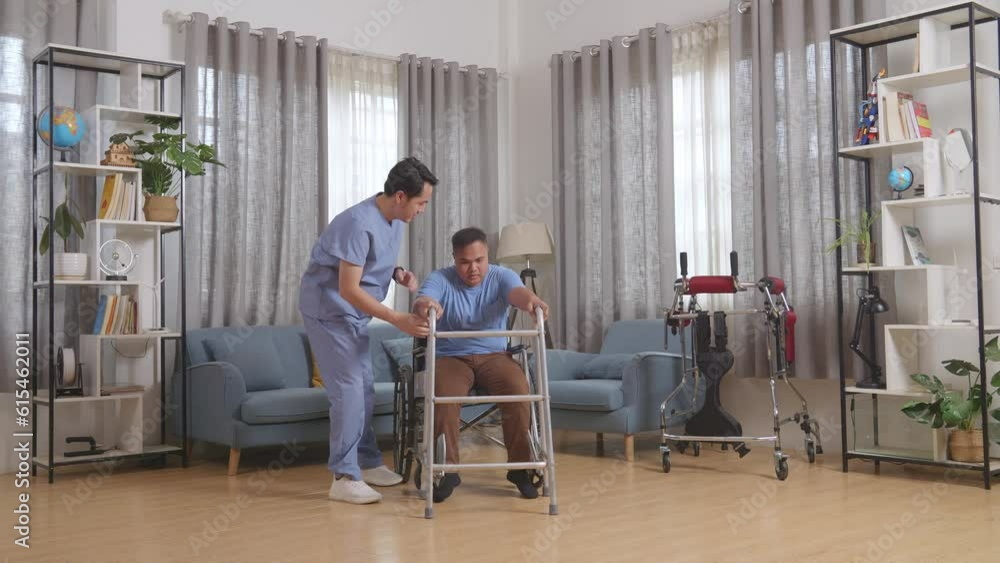 Full Body Of Asian Male Nurse Helping Patient In Wheelchair Using Walker To Stand By Himself During A Physical Therapy At Home
Full Body Of Asian Male Nurse Helping Patient In Wheelchair Using Walker To Stand By Himself During A Physical Therapy At Home