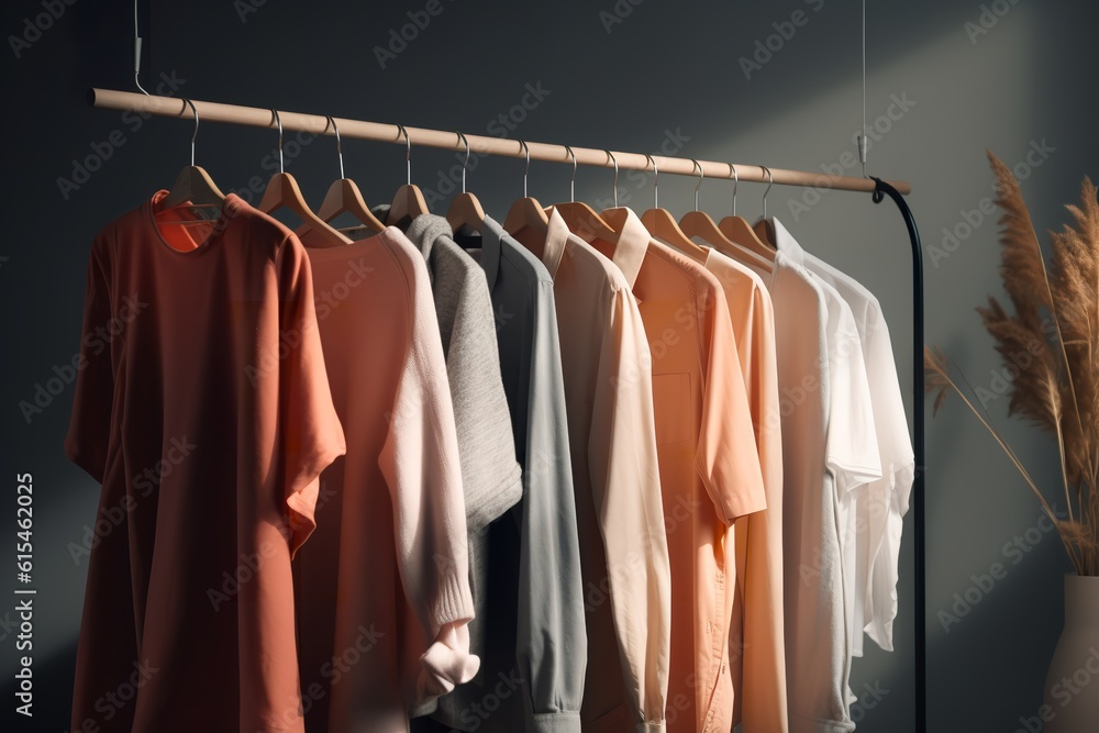 Elegant Wardrobe: Fashion Clothes Hanging on a Clothing Rack in Stylish Display, Fashion, clothes, clothing rack, fashion clothes, fashion clothing, clothes rack, clothing, rack, fashion rack,