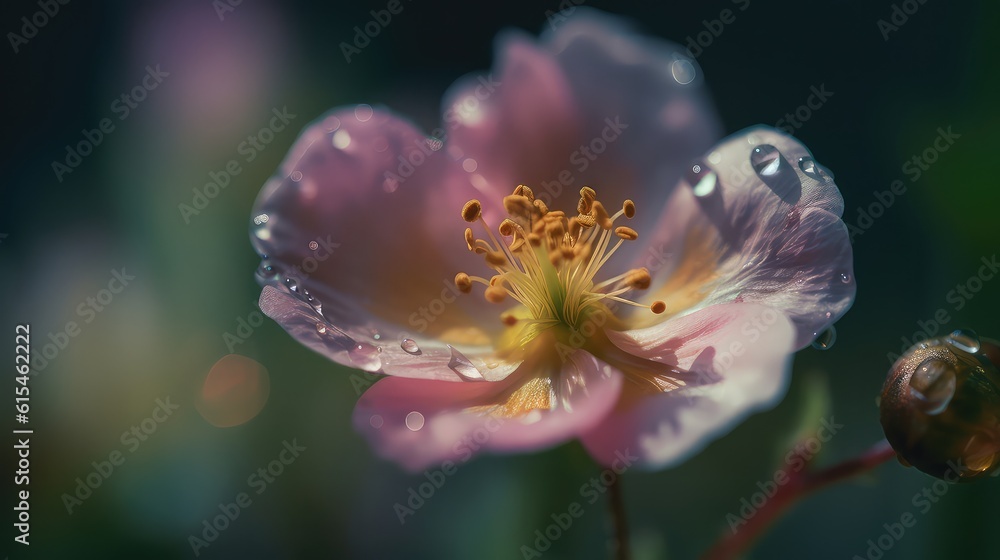 Fototapeta premium macro photography of a closeup colourful wet flower with water drops in a delicate and soft light environment. generative ai