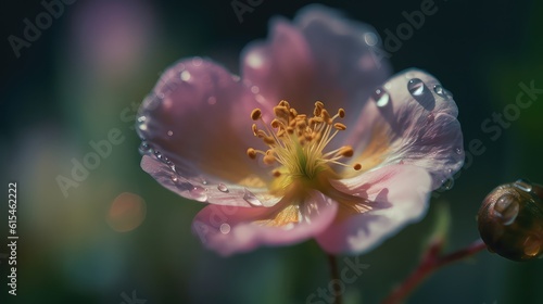 macro photography of a closeup colourful wet flower with water drops in a delicate and soft light environment. generative ai