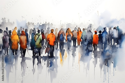 Foto Watercolor illustration: panorama of a city street with people walking, Crowd of people