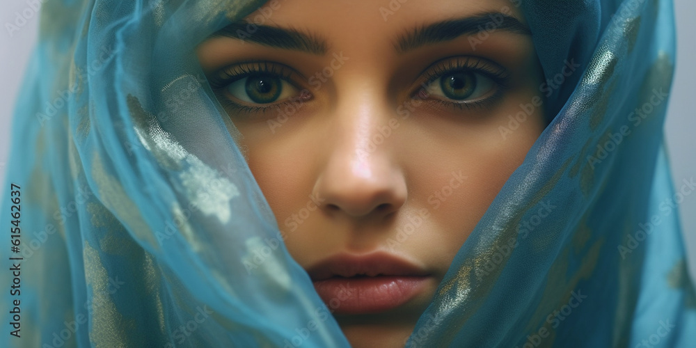 Naklejka premium Fashion Model Gesicht mit Visagistik und farbigen blauen Schleier aus Tüll umhüllt für Poster Nahaufnahme, ai generativ