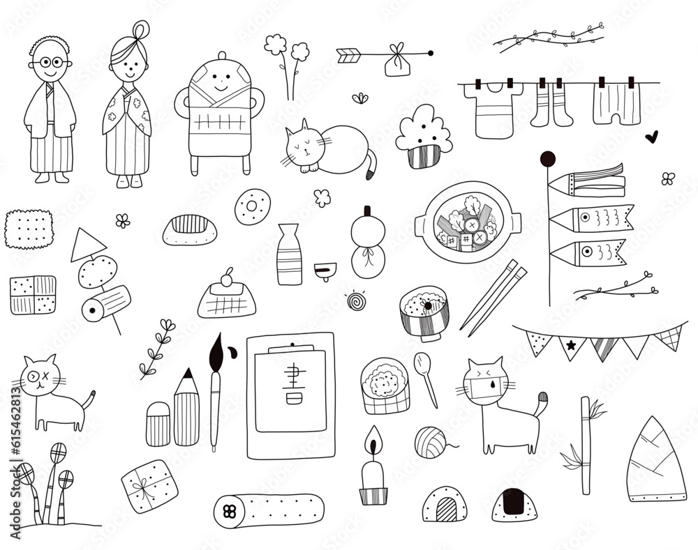 Hand drawn of Japanese cute set on white background. Vector illustration design.