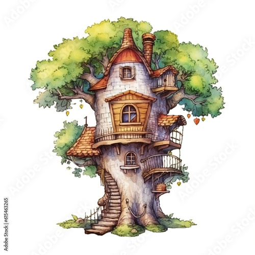 Watercolor illustration of a tree house in the shape of a house AI Generative