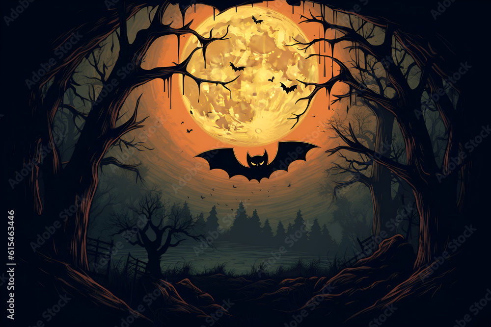 Bat for Halloween, on the background of the moon. Dark forest. AI generation