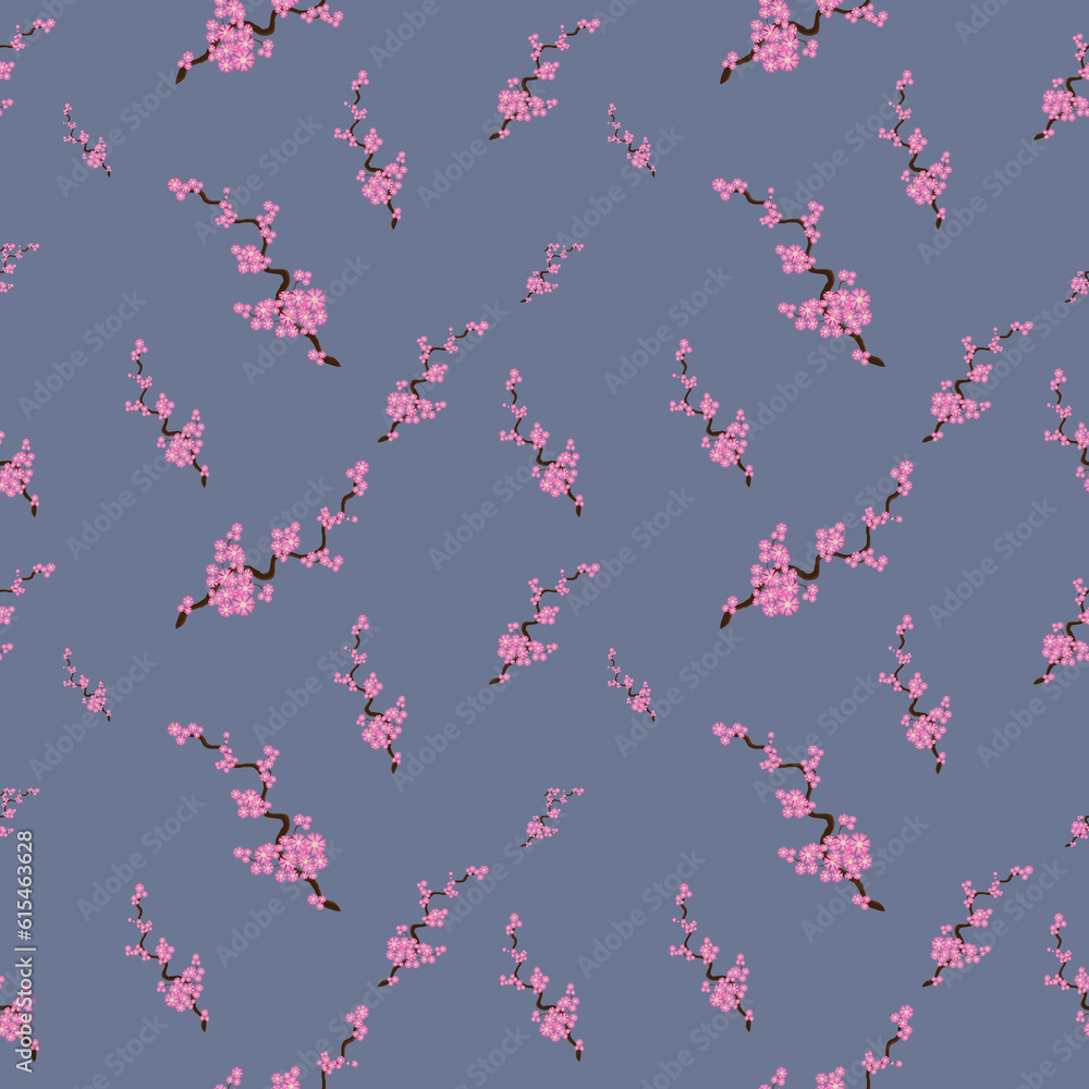 Nice print pattern of sakura branches on a blue background. Small delicate pink flowers. Feminine pattern, summer, spring