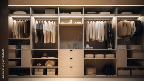 Illuminated and organized modern style wardrobe. Generative AI © piai