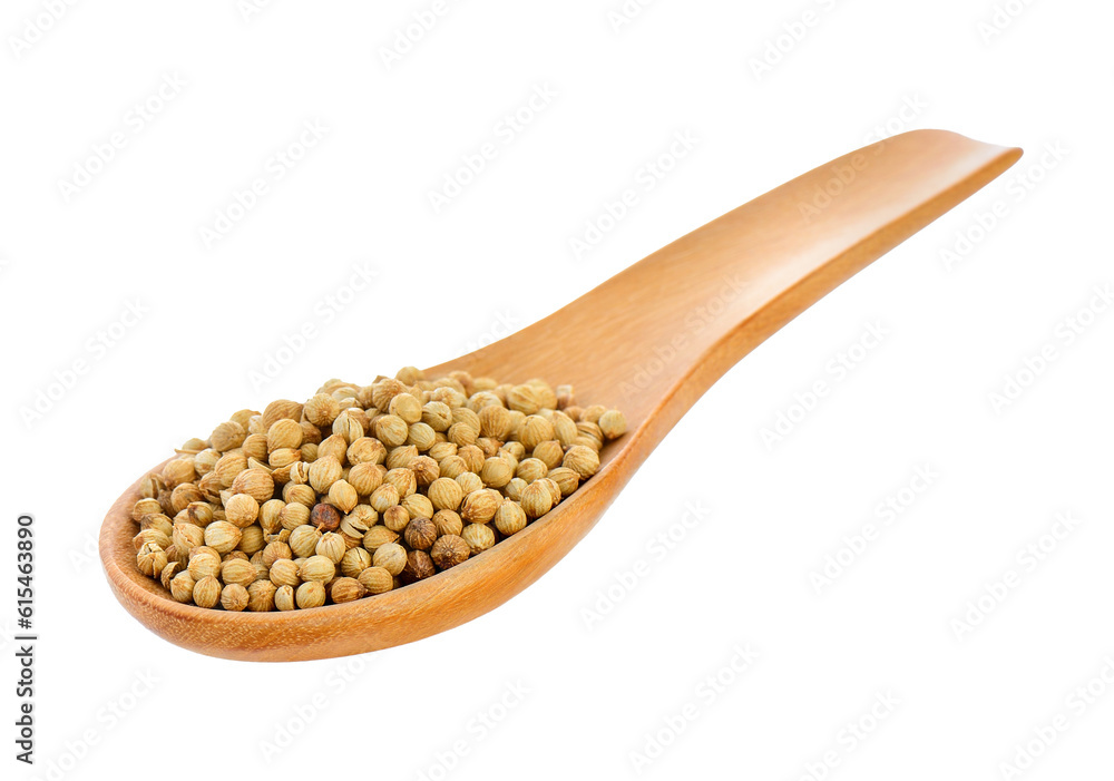 Coriander seeds in wood spoon on transparent png Coriander seeds in wood spoon on transparent png