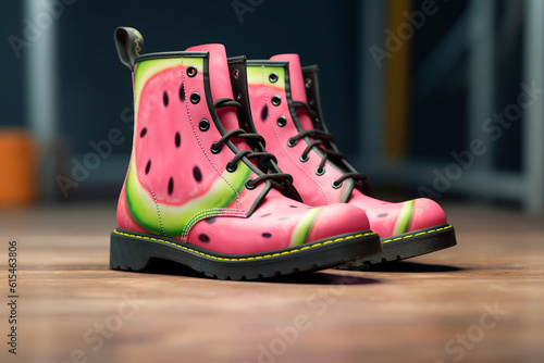 Luxury glamour woman`s boots. Watermelon design. Super photo realistic background, generative ai illustration.