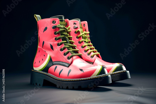 Luxury glamour woman`s boots. Watermelon design. Super photo realistic background, generative ai illustration.