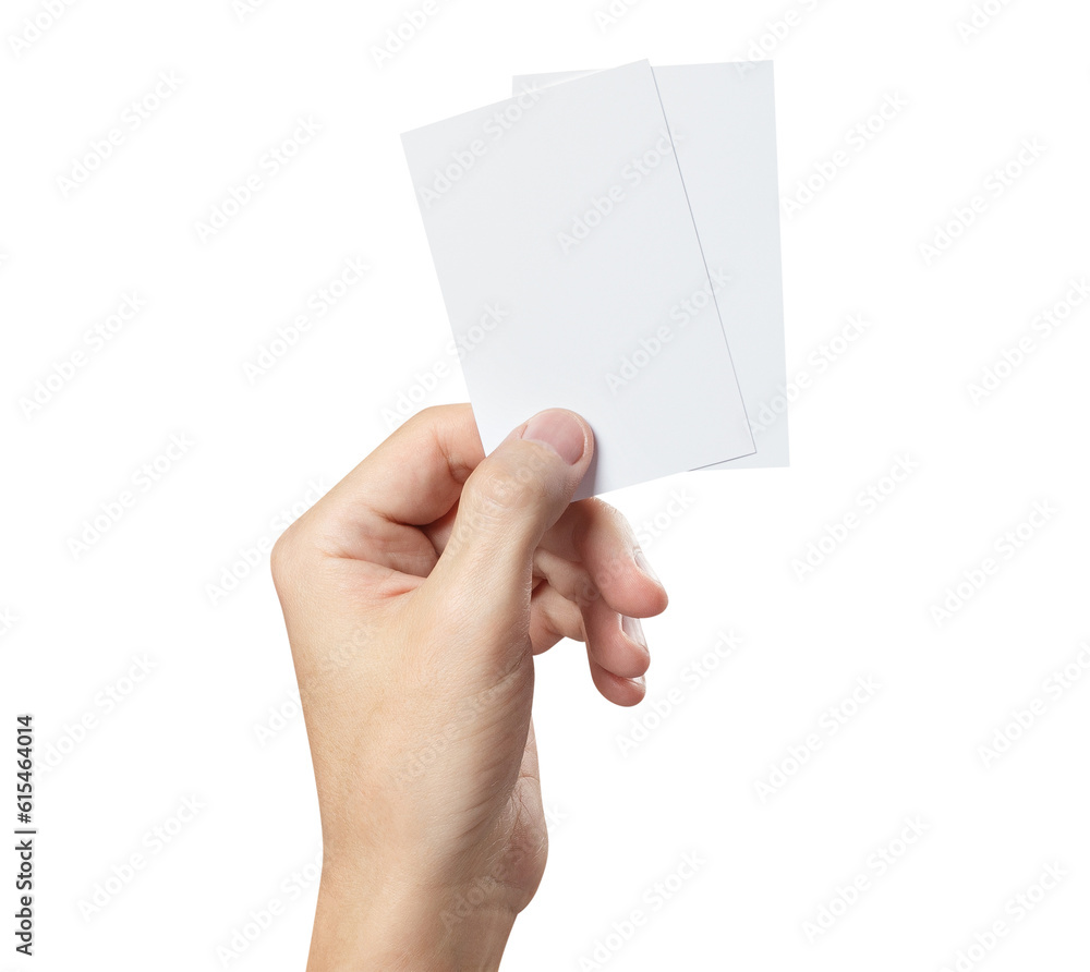 Hand holding two blank pieces of paper or plastic (tickets, flyers, invitations, coupons, banknotes, etc.), cut out Hand holding two blank pieces of paper or plastic (tickets, flyers, invitations, coupons, banknotes, etc.), cut out