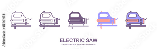 jigsaw icon. Steel cut off machine icon, linear isolated illustration, thin line vector, web design sign, outline concept symbol with editable stroke on white background.