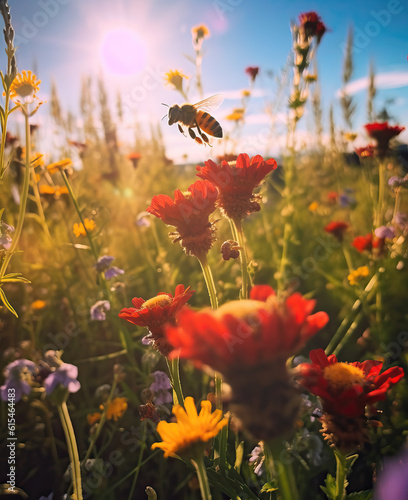 Summer flowers in a field with bees on a sunny day.