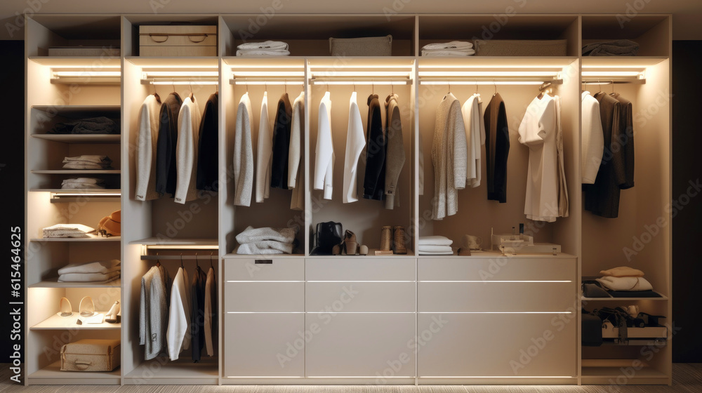 Illuminated and organized modern style wardrobe. Generative AI