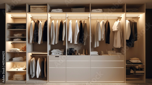 Illuminated and organized modern style wardrobe. Generative AI