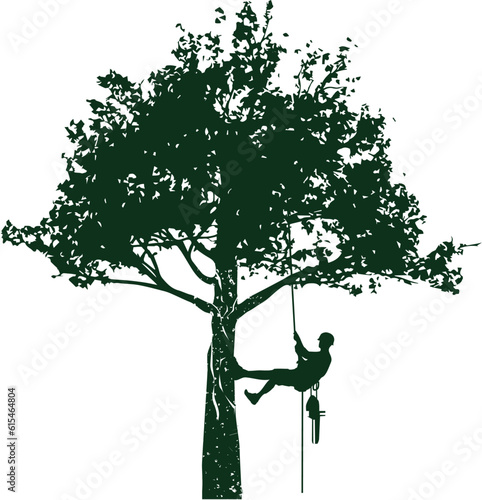 Hand drawn tree with a climber on a white background.Tree pruning. Vector.