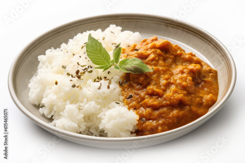 Delicious Plate of Indian Dal and Rice Isolated on a White Background.