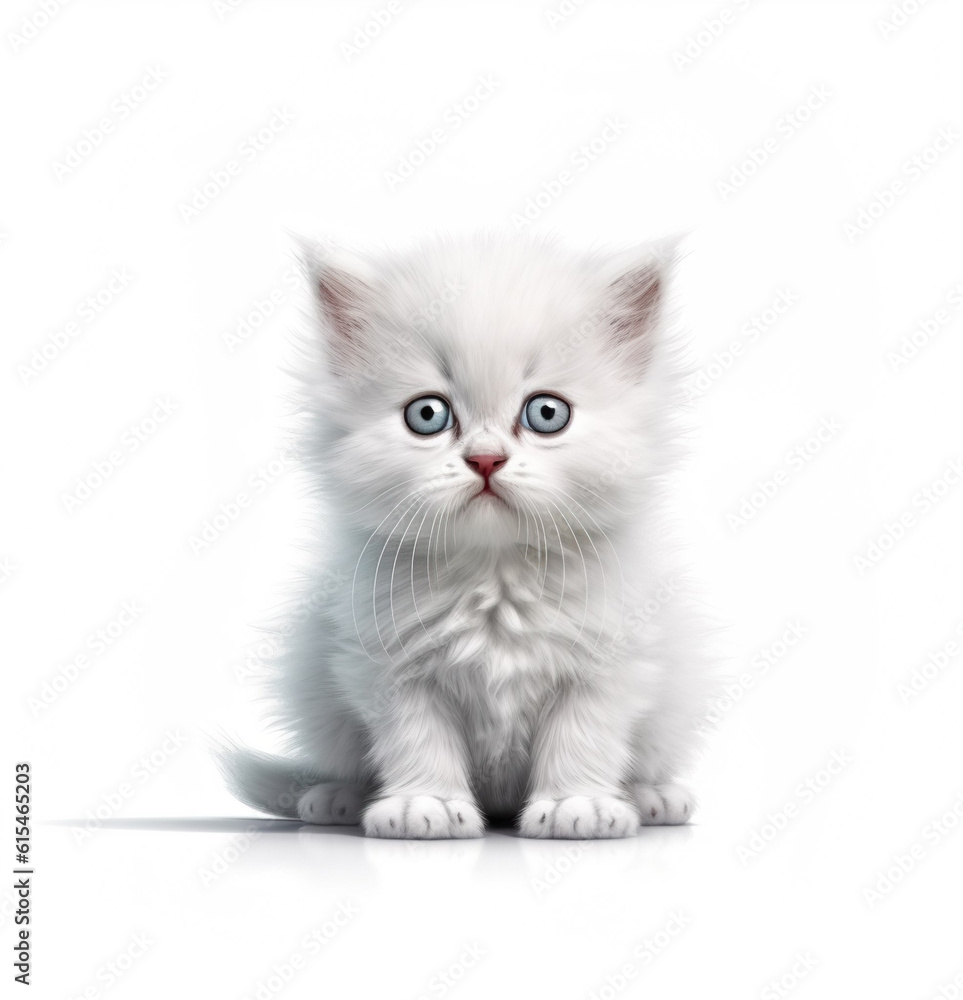 Cute little white cat baby kitty realistic photo generative AI illustration isolated on white background. Lovely baby animals concept