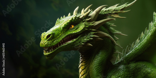 Green dragon, symbol of the 2024. Panoramic wallpaper. Generative AI © Maksim Kostenko