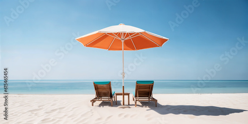 Chaise lounges and sun umbrella on tropical beach. Generative AI