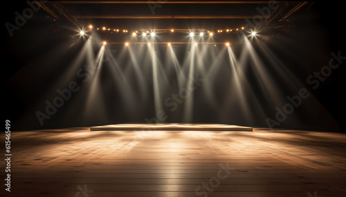 Empty nightclub or music-hall stage with spotlights. Generative AI