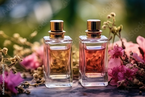 Photo of two elegant perfume bottles on a table