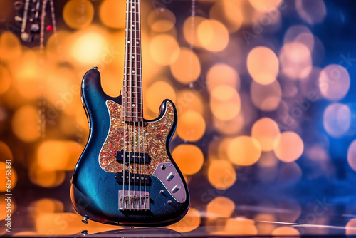 Electric bass guitar with bokeh background Generative AI