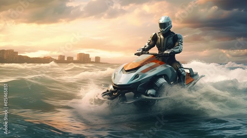 extreme sport theme, jet skiing in rough ocean, generative Ai