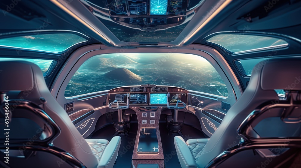 illustration futuristic theme, inside of autonomous vehicle passengers seat, Generative Ai