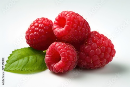 Ripe raspberries with green leaves on a white background ,Generative AI