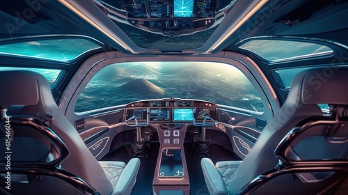 illustration futuristic theme, inside of autonomous vehicle passengers seat, Generative Ai © QuietWord