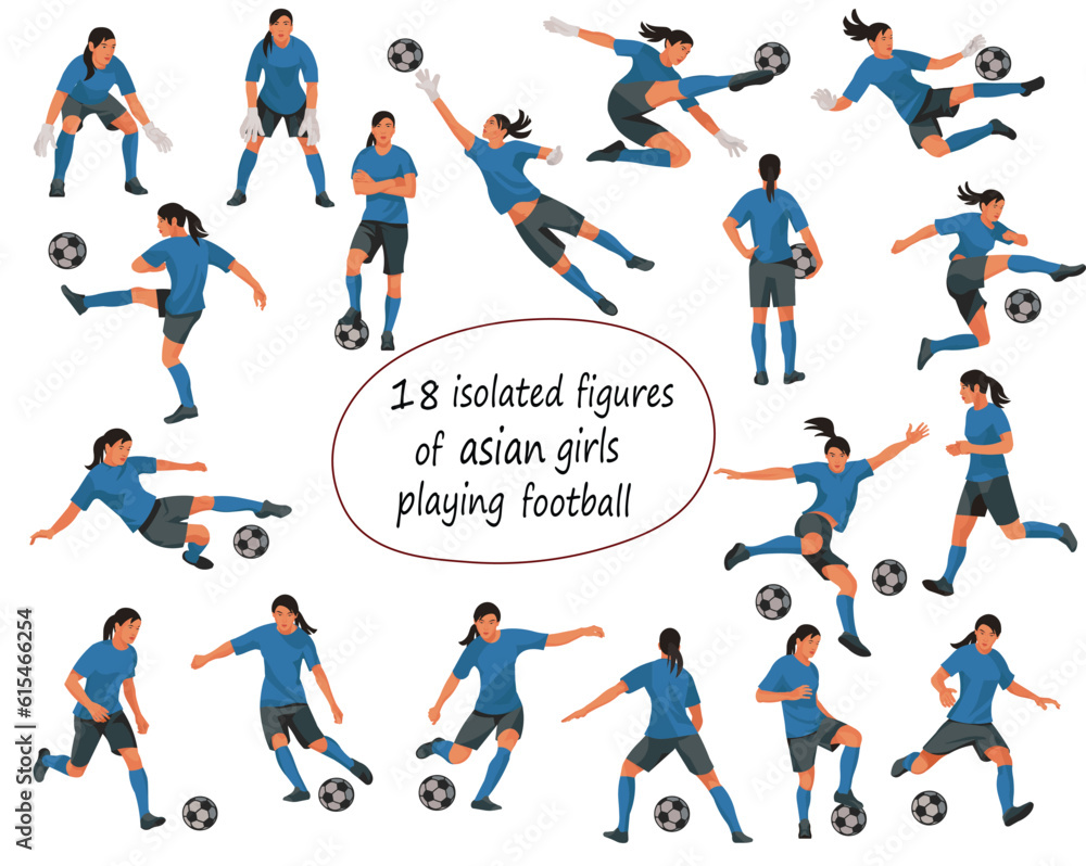 Vector figures of thai or japan women's football girl players and goalkeepers in blue T-shirts in various poses on a white background