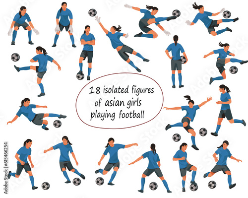 Vector figures of thai or japan women s football girl players and goalkeepers in blue T-shirts in various poses on a white background