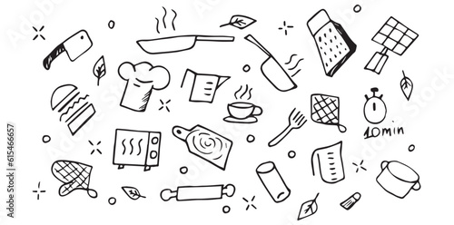kitchen set. doodle art. black color of drawings. drawn by hand. background picture. for textiles, packages, postcards and gift wrappers. vector illustration. on a white background.