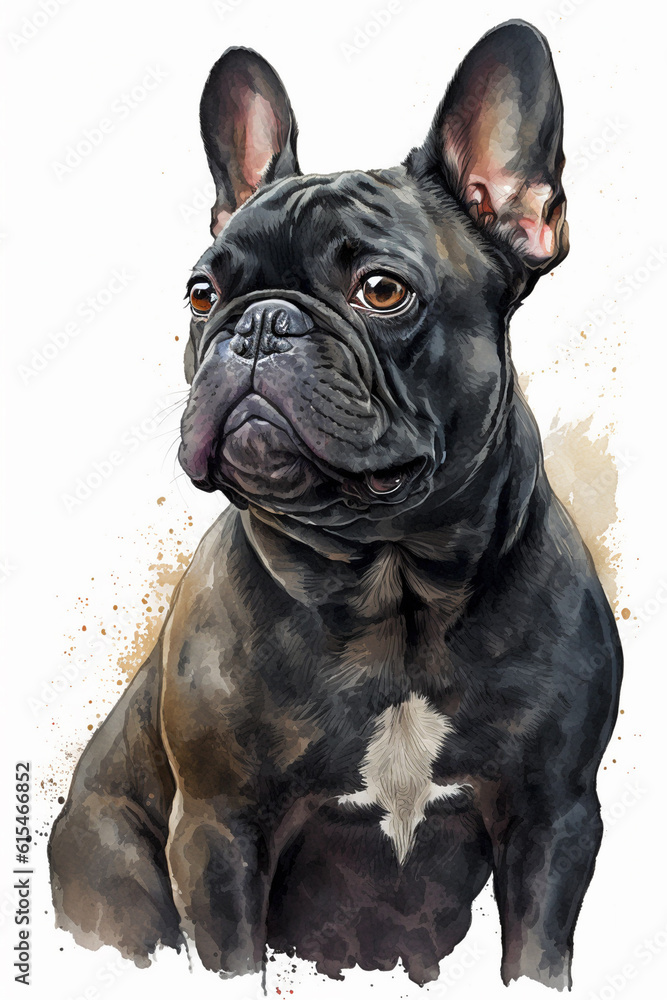 Black French Bulldog dog watercolor painting. 