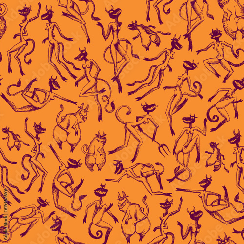 Vector seamless pattern of humorous black and gold witch silhouette, devils, besoms on an orange background. Halloween party wallpaper