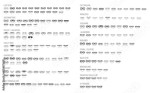 Set of different types of glasses - Rectangular Pilot, Round, Square, Cat Eye, Pantos, fashion accessory Browline, Clubmaster, Oval, Oversize, illustration Geometric Sport Bug, Almond Octagon, D-frame