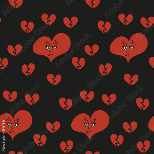 Hand drawn upset heart pattern on dark background. Flat vector illustration with cartoon character and brocken hearts. Suitable for decoration, background, textile, wrapping paper, scrapbooking photo