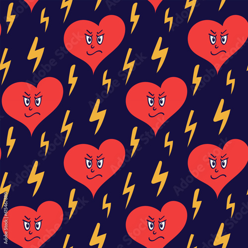 Hand drawn seamless pattern with angry hearts on dark blue baackground. Unique flat vector illustration with cute character and lighnings. Ideal for decoration, background, textile, wrapping paper photo