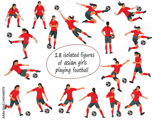 18 isolated figures of asian women s football teem girl players in various poses in red T-shirts