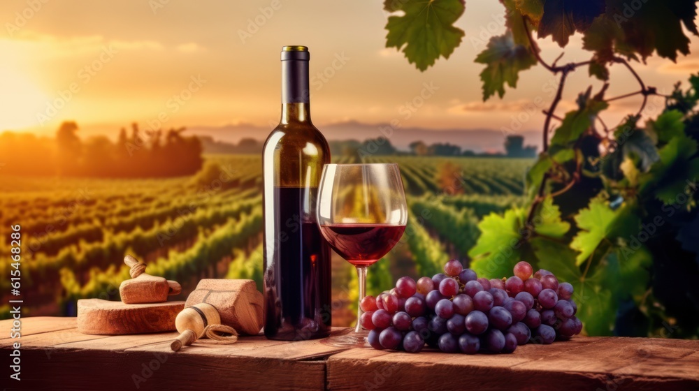 Fototapeta premium Wine bottle and glass of wine with barrel on vineyard background ,Generative AI